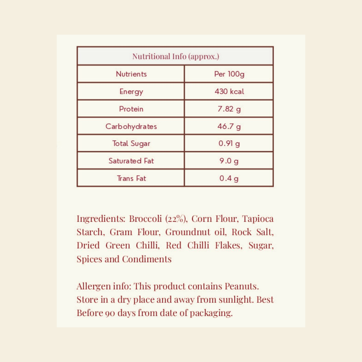 Broccoli Chips nutritional information