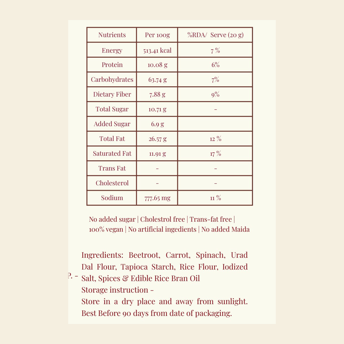 Veggie Sev nutritional information